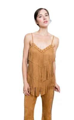 Vocal Camel Suede Fringe Tank Top