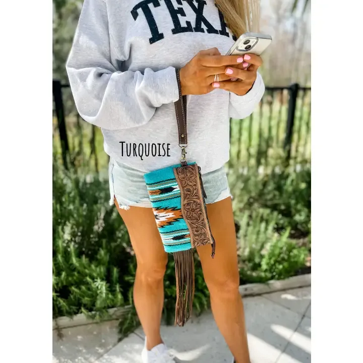 Boho Ranch Aztec Tooled Leather Tassel Wristlet