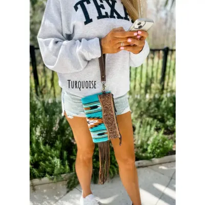 Boho Ranch Aztec Tooled Leather Tassel Wristlet