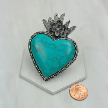 BR241130-05-BLUE   silver metal with blue turquoise stone heart Ring WestE