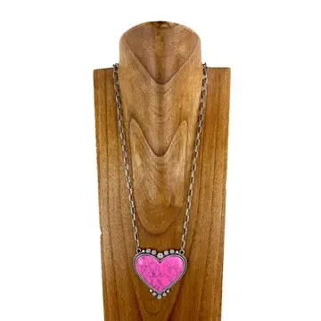 NKS230416-43    "26 inches pink stone heart necklace  with paper clip shape silver metal chain"