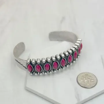 BR240715-01-HOT PINK                  Silver metal with hot pink turquoise stone bangle WestE
