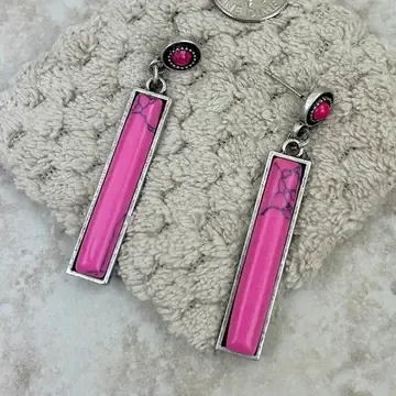 Silver Dangle Earrings with Long Pink Stone Bar