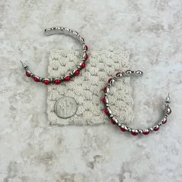 Silver Red Stone Concho Hoop Earrings