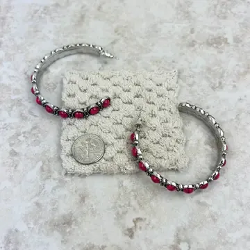 Silver Pink Stone Concho Hoop Earrings