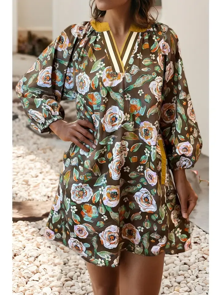 LDC Floral Trim V Neck Pocketed Long Sleeve Mini Dress