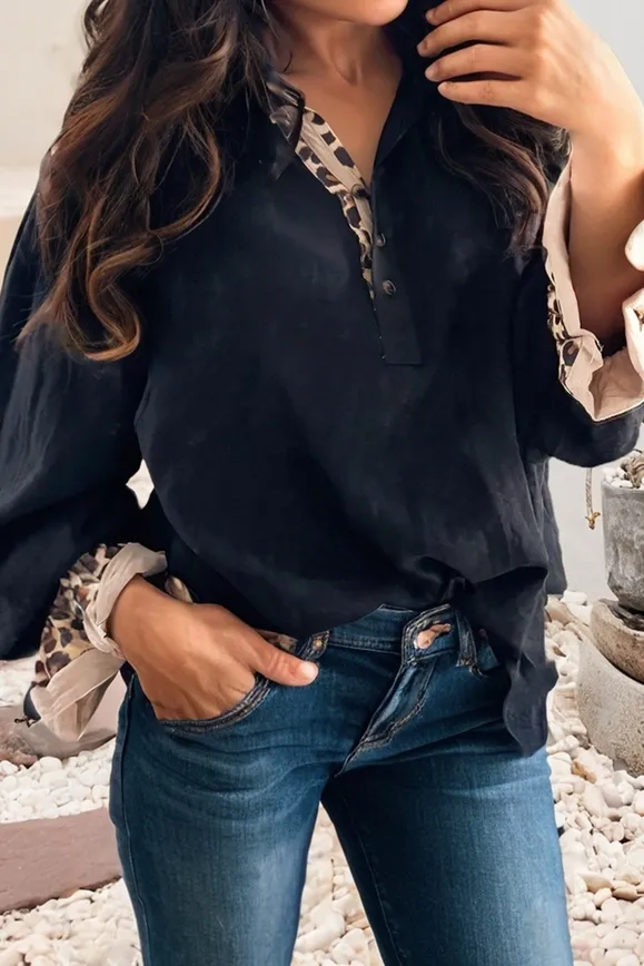 LDC Contrast Leopard Patchwork Polo Collar Buttons Blouse