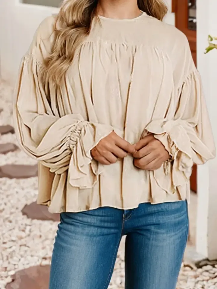 LDC Pleated Ruffle Long Sleeve Chiffon Blouse