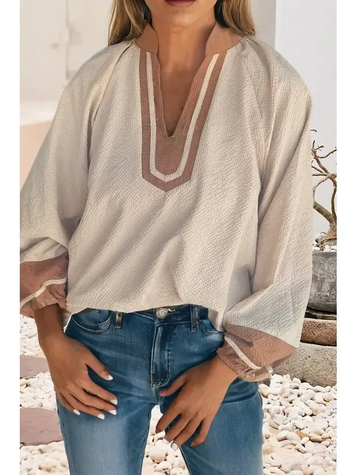LDC Color Block Patchwork V Neck Textured Long Sleeve Blouse