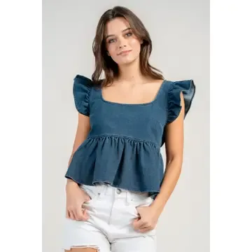 Denim Peplum Ruffle Shoulder Top