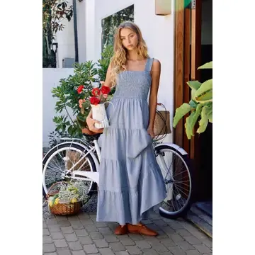 Striped Smocked Denim Dress