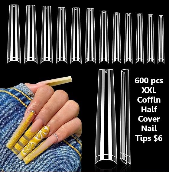 Half Cover Nail Tips - 2XL Coffin No C Curve - 600 pcs