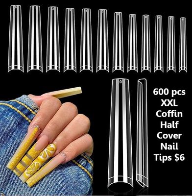 Half Cover Nail Tips - 2XL Coffin No C Curve - 600 pcs