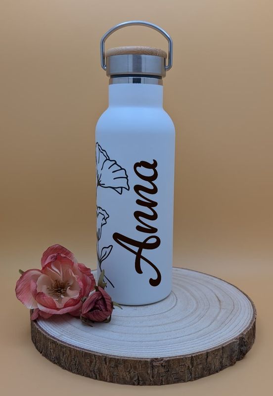 Personalisierte Thermoflasche 500 ml mit Blumenmotiv & Namen