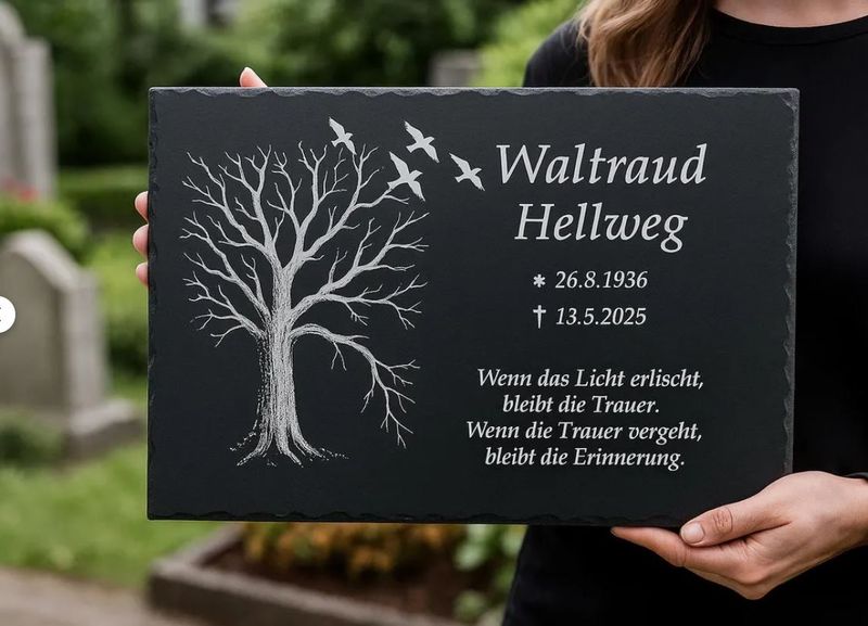 Urnengrabstein Baum-Motiv & Ständer Grabstein Grabschmuck, Gedenktafel 30x20cm, Naturschiefer, Personalisiert, Wetterfeste Grabplattet