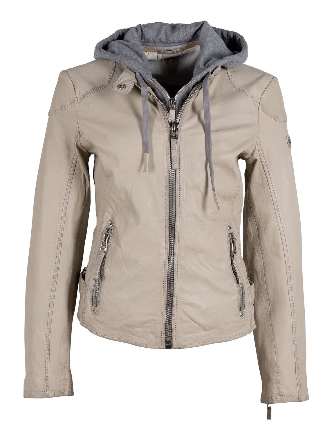 Finja Hooded Leather Jacket, Light Beige, Size: XL