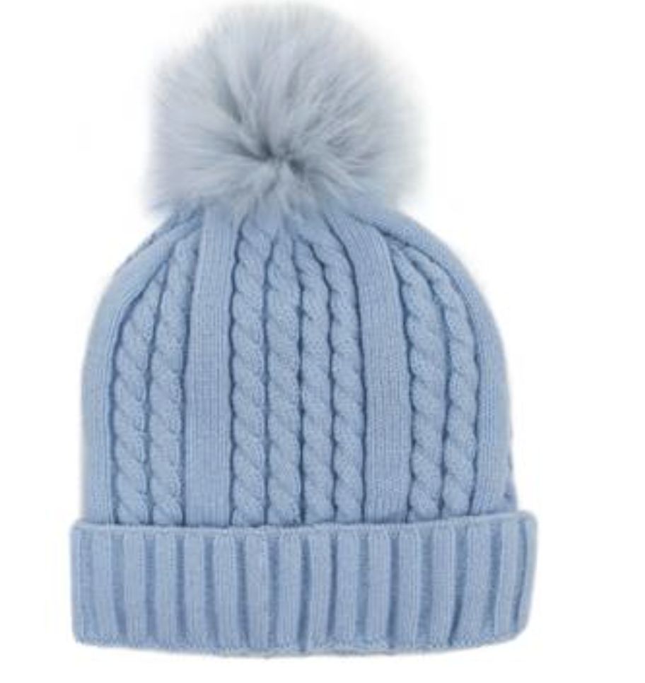 Cable Knit Beanie w/Fleece Lining and Fur Pom Pom