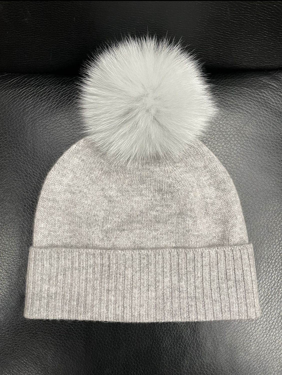 Grey Cashmere Beanie with fox pom