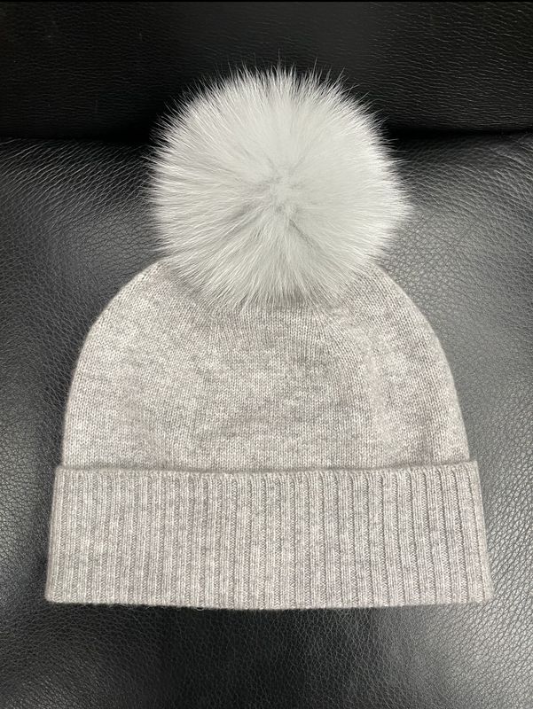 Grey Cashmere Beanie with fox pom