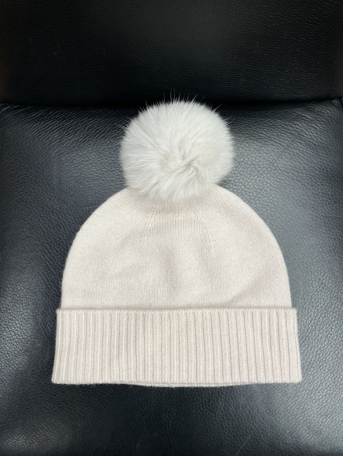 White Cashmere Beanie with fox pom