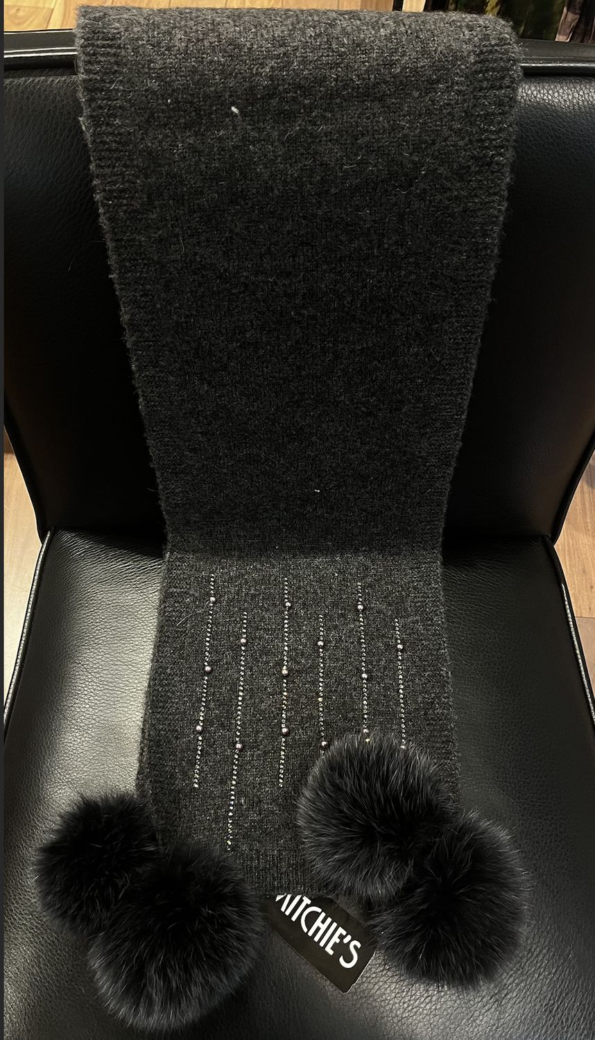 Charcoal knitted scarf w crystal and beads