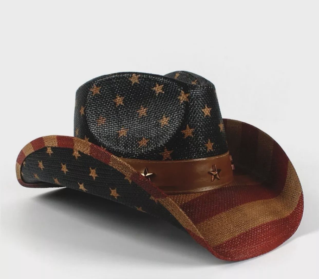 Mens American Flag Black &amp; Grey Curled Cowboy Hat, Colour: Black &amp; Grey