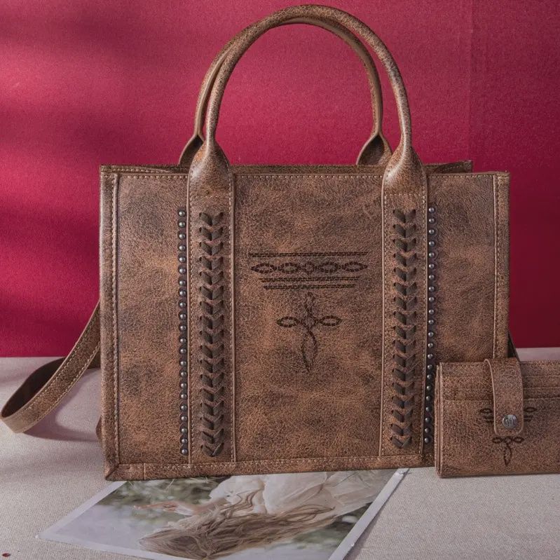 Distressed Whipstitch Western Tote with Matching Bi fold wallet