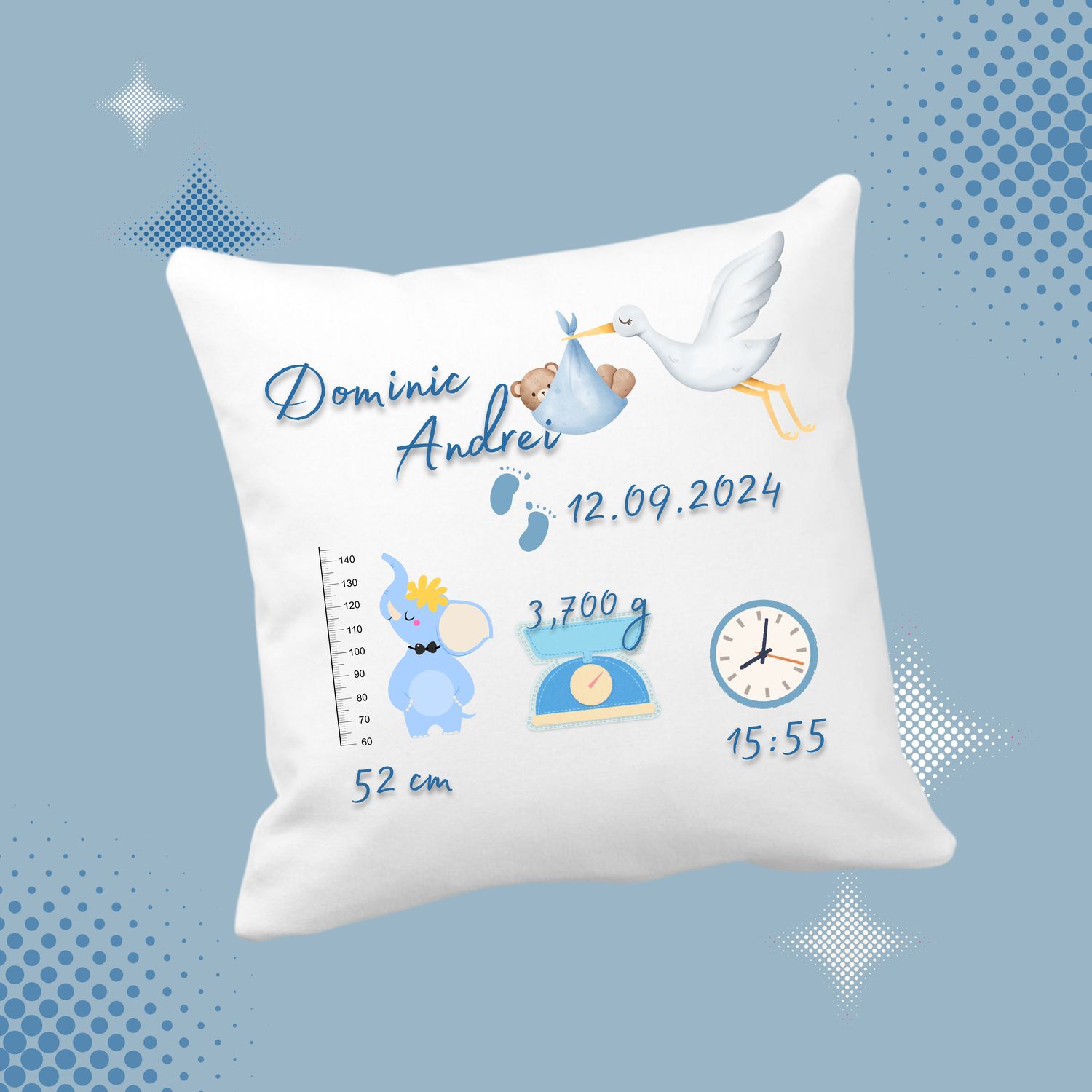 Pernă personalizată pentru bebeluș – datele nașterii