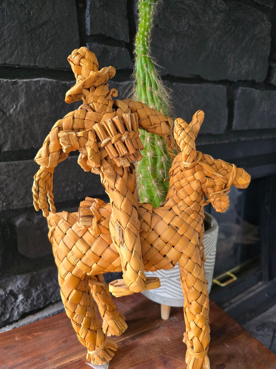 Hand-woven wicker cowboy and donkey  vintage folk art