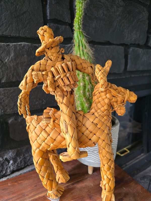 Hand-woven wicker cowboy and donkey  vintage folk art