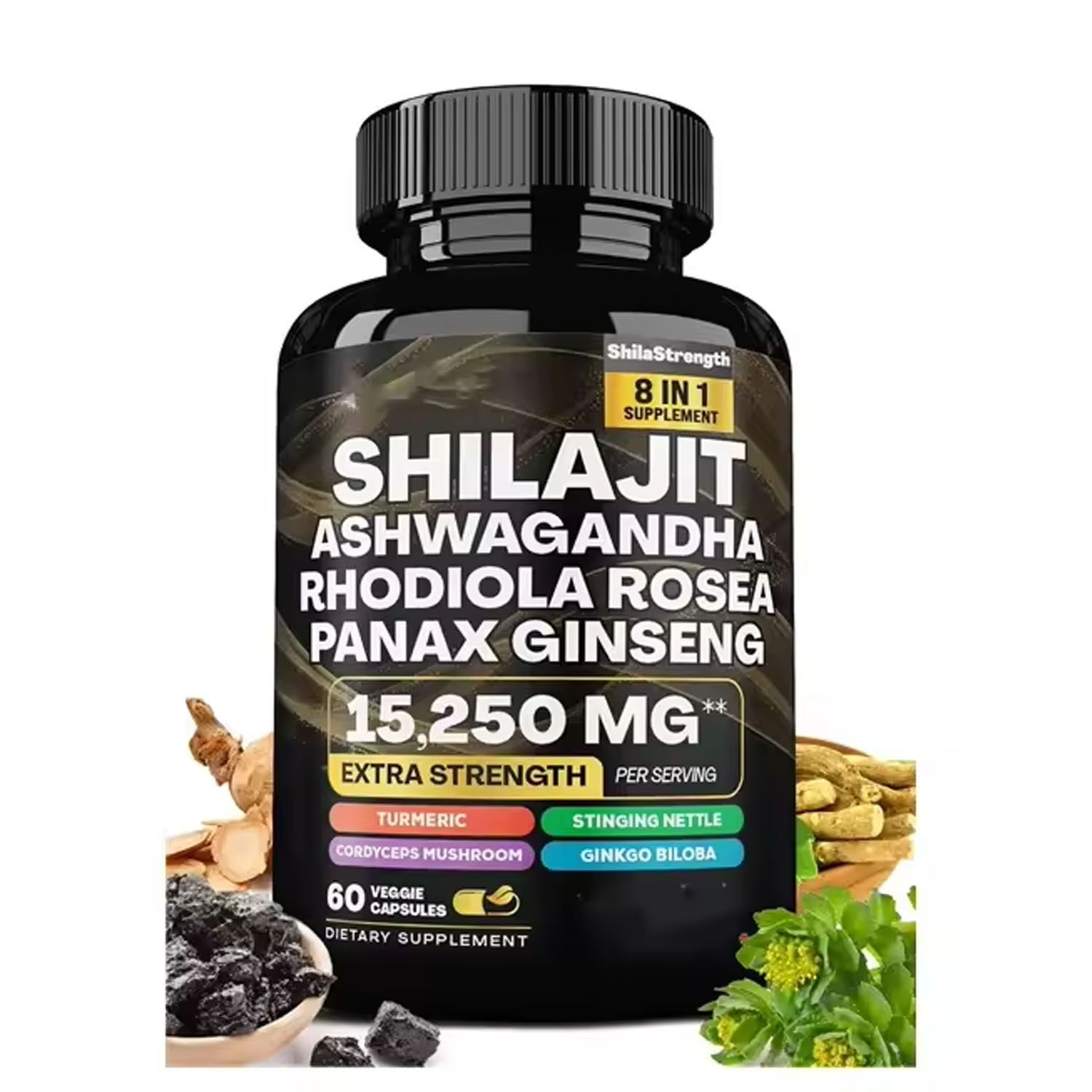 Shilajit, Ashwagandha, Rodiola Rosea, Panax Ginseng, Tumeric, Stinging Nettle, Cordyceps and Ginko Biloba