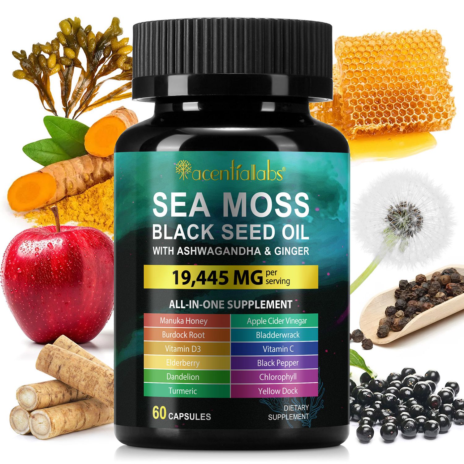 Sea Moss, Ashwagandha, Black Seed Oil, Manuka Honey, Elderberry, Yellow Dock, Dandelion, Apple Cider Vinegar, Ginger, Chlorophyll, Bladderwrack, Burdock Root, Turmeric