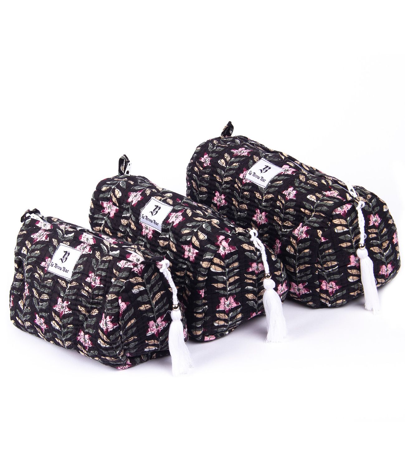 Quilted Makeup Bag - Black Floral, Size: Small