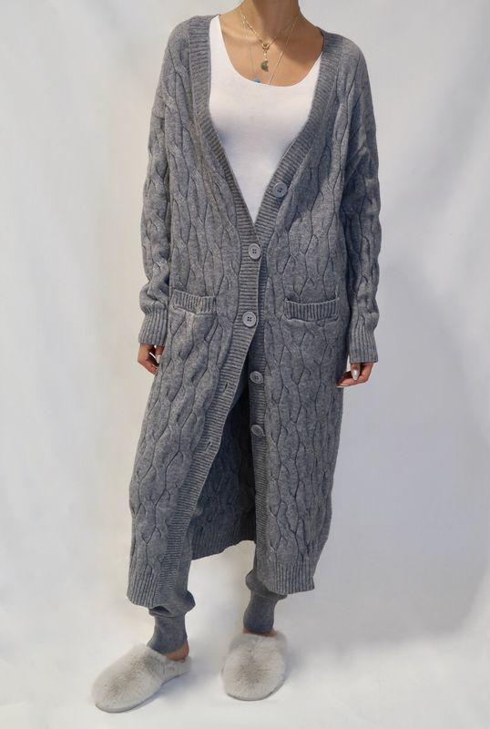 Kate Cable Knit Long Cardigan - Grey