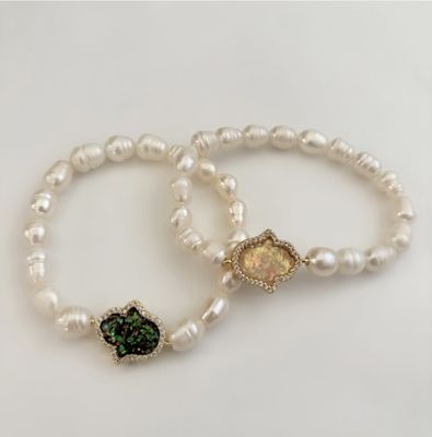 Freshwater Pearl w/ Opal Hamsa Bracelet