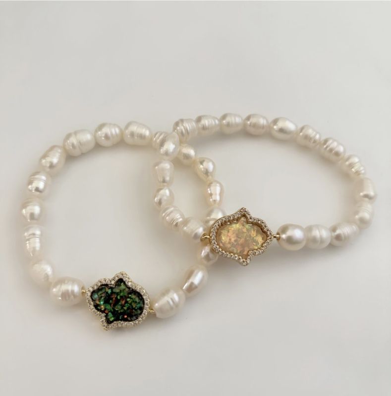 Freshwater Pearl w/ Opal Hamsa Bracelet