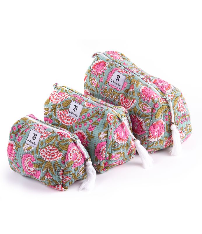 Quilted Makeup Bag - Blue Pink Floral