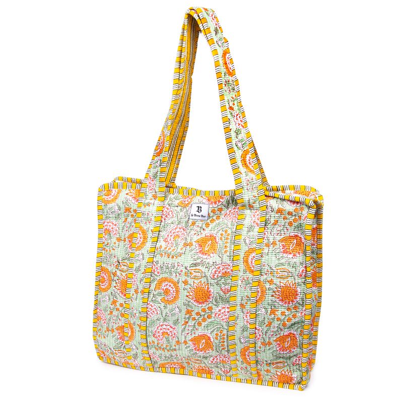 Quilted Tote Bag Green Orange Floral