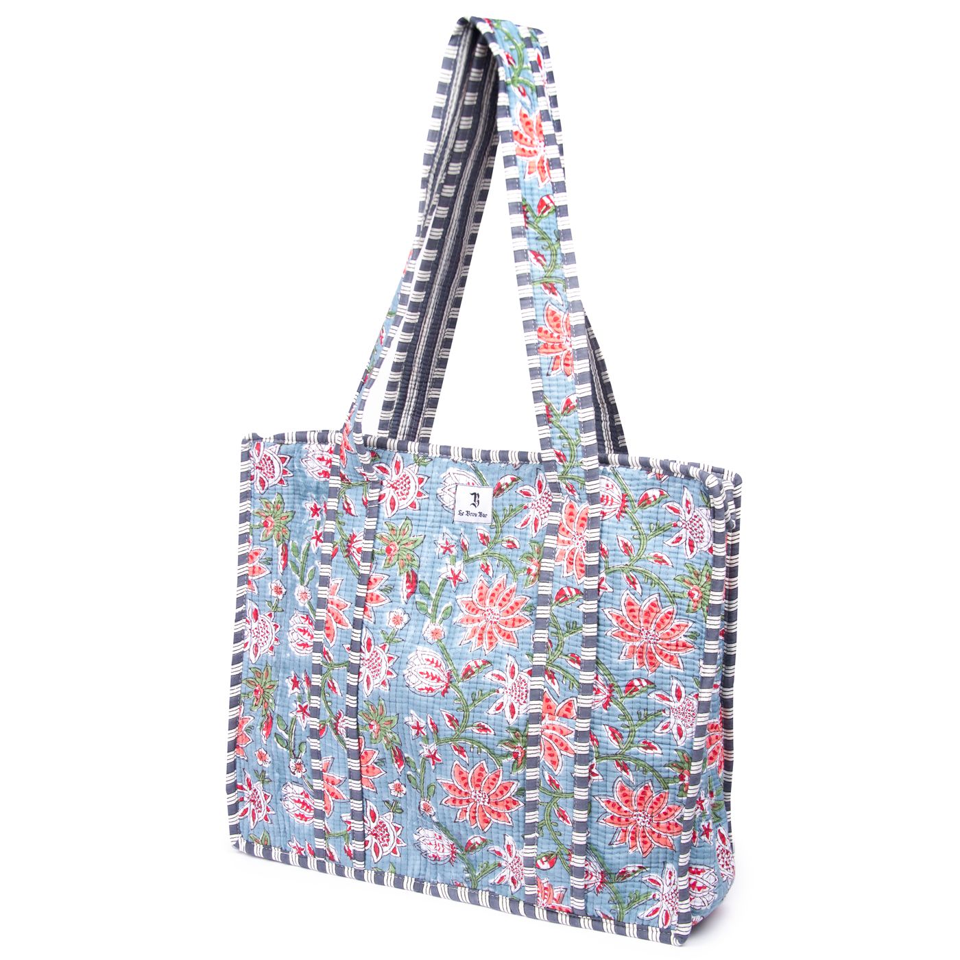 Quilted Tote Bag Blue Red Floral