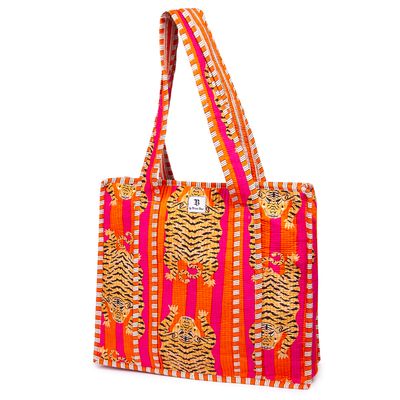 Quilted Tote Bag Pink Stripe Tiger