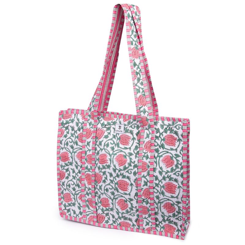 Quilted Tote Bag Pink Green Vine Floral
