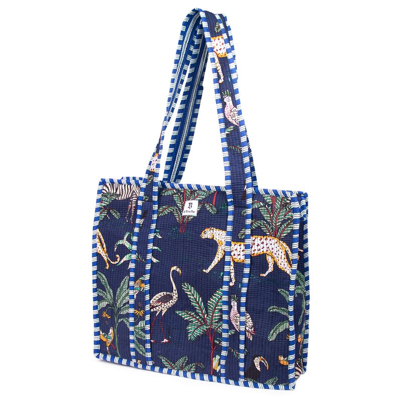 Quilted Tote Bag Navy Jungle