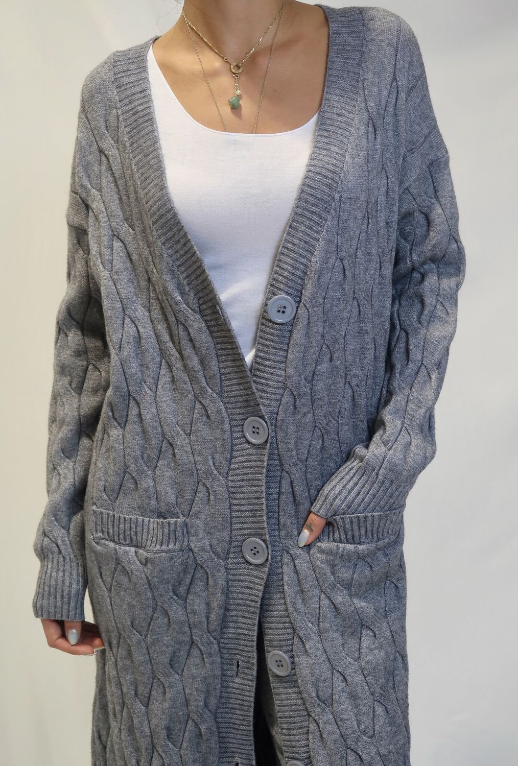 Kate Cable Knit Long Cardigan - Grey
