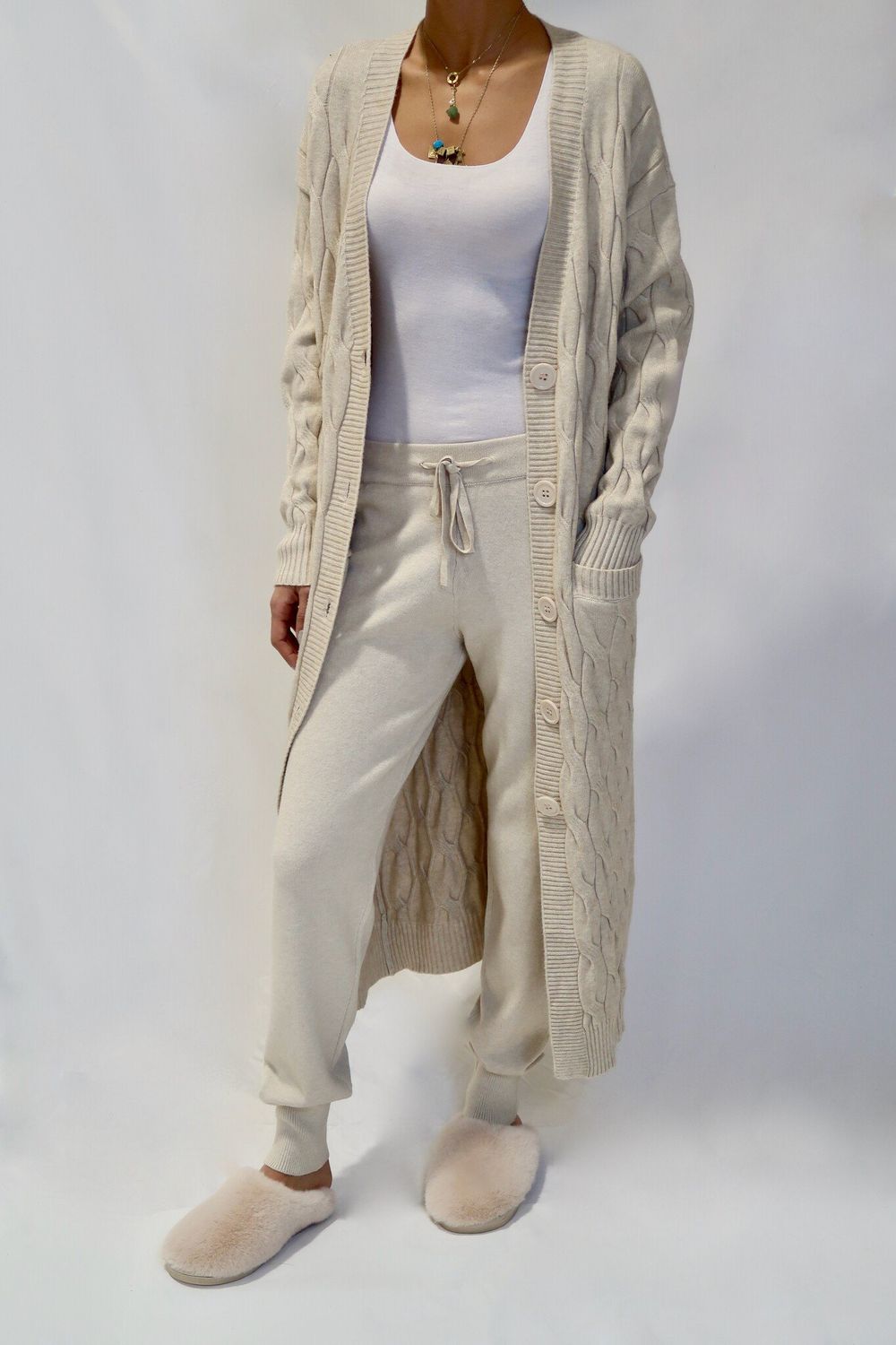 Kate Cable Knit Long Cardigan - Beige, Size: S/M