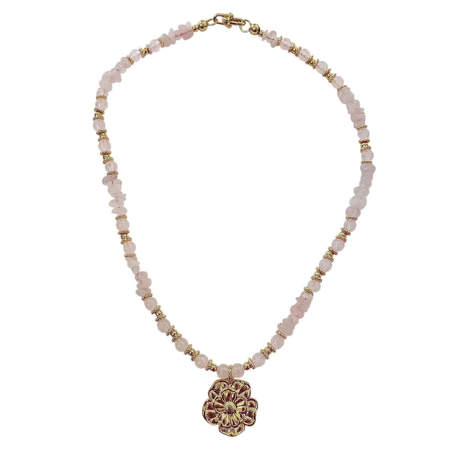 Rose Quartz Beaded Chips Floral Pendant Necklace