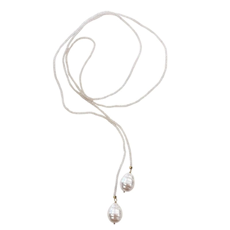 Mini Rose Quartz Beaded Lariat with Shell Pendant