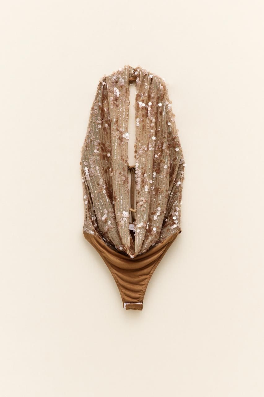 Sequin Halter Bodysuit - Gold