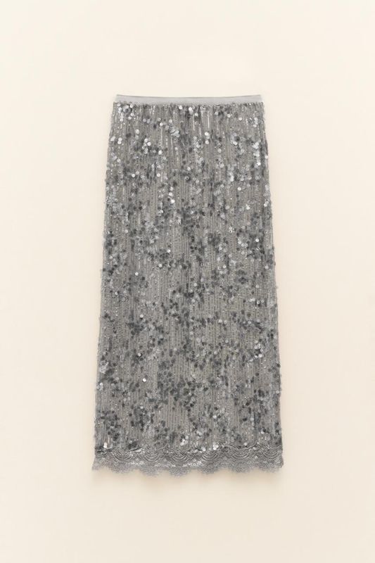 Sequin Midi Skirt - Silver