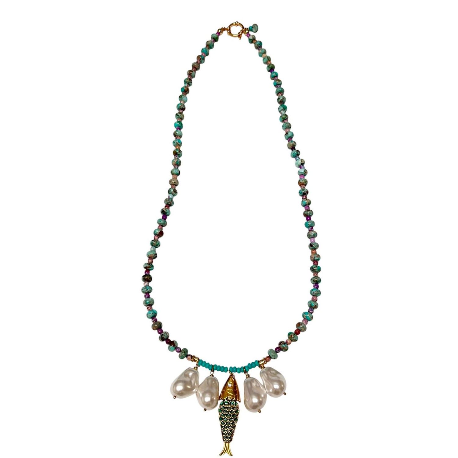 Long Jasper Turquoise Necklace with Fish &amp; Pearls