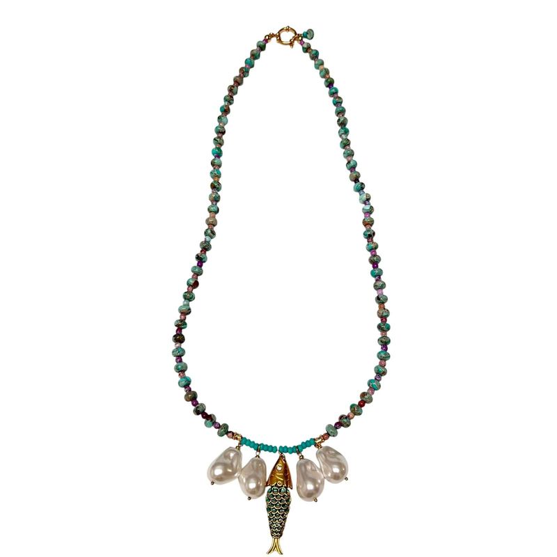 Long Jasper Turquoise Necklace with Fish &amp; Pearls